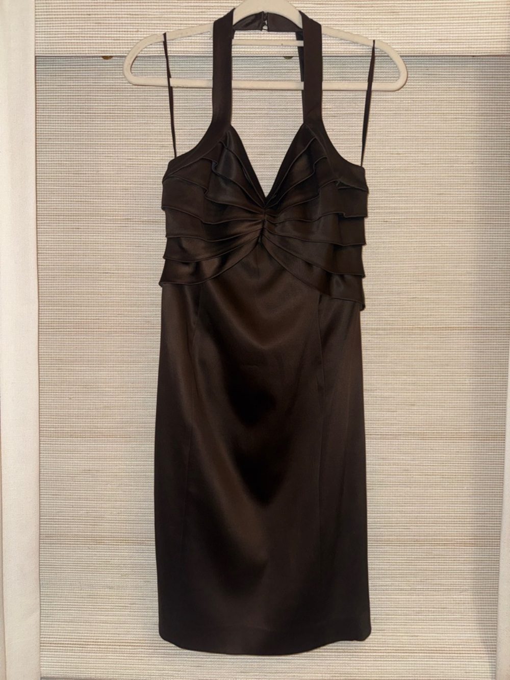 Jones New York | Brown Satin Halter Dress with Layered Ruffle Bodice | Size 6